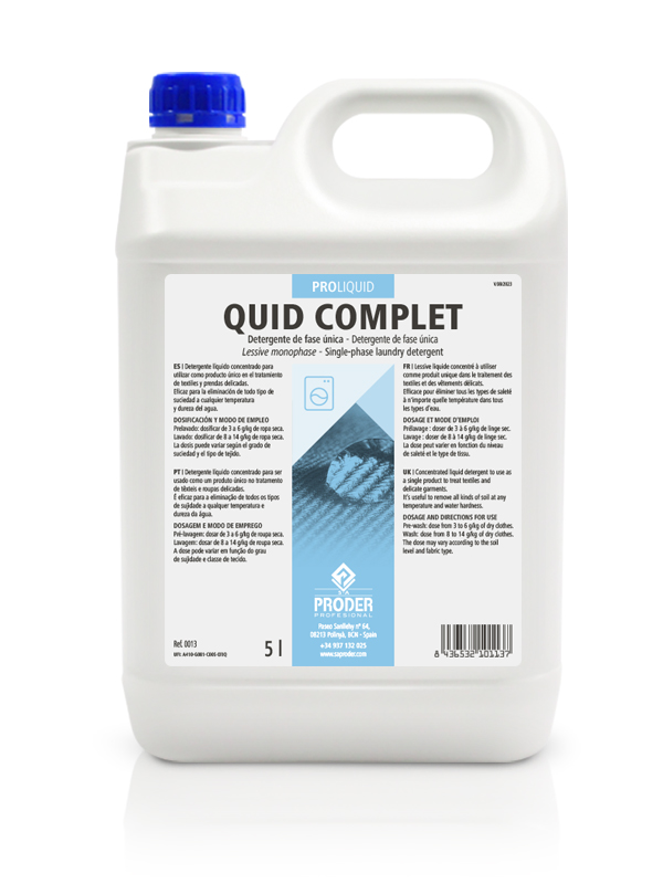 QUID COMPLET es un detergente líquido para el lavado de ropa profesional de la gama PROLIQUID