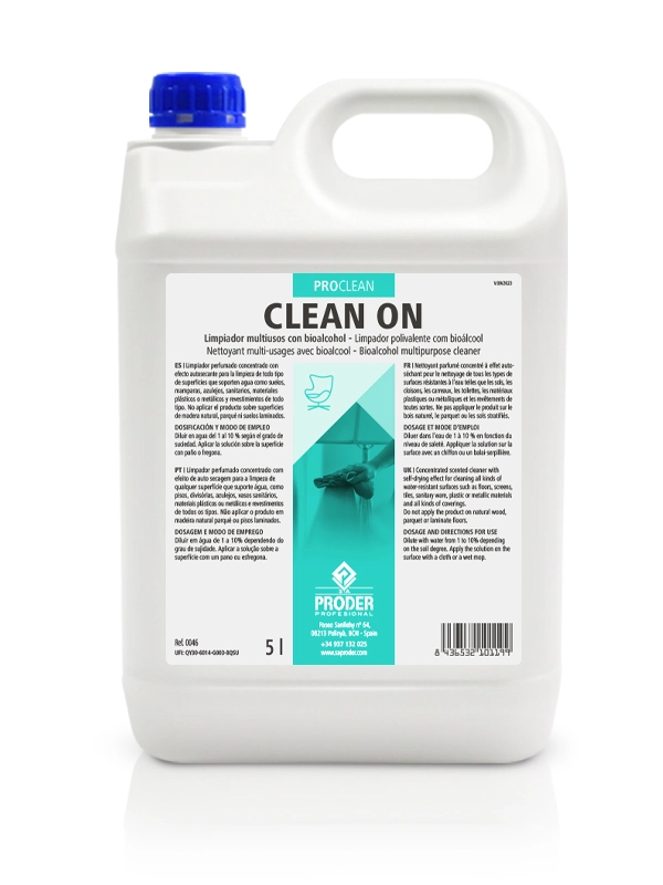 CLEAN ON es un limpiador multiusos con bioalcohol concenrtado de la gama PROCLEAN