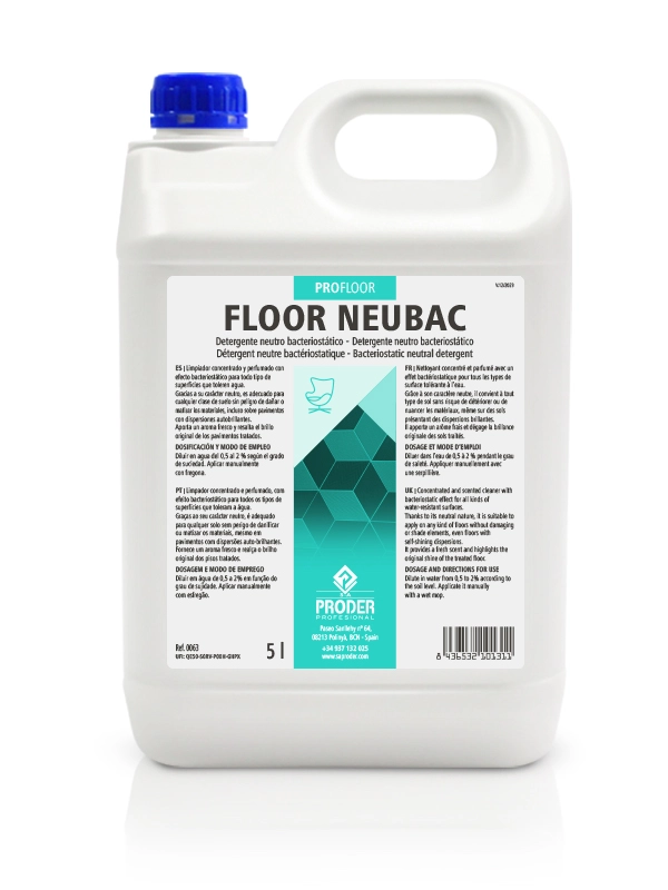 FLOOR NEUBAC es un detergewnte neutro bacteriostático concentrado para la limpieza de suelos.