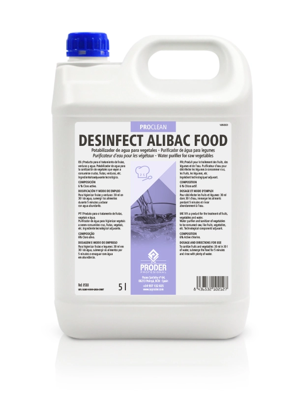 DESINFECT ALIBAC FOOD es un potabilizador clorado concentrado de agua para vegetales de la gama PROCLEAN