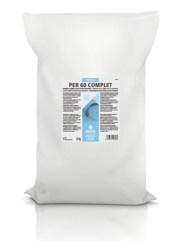 PER 60 COMPLET es un detergente completo concentrado en polvo de altas prestaciones de la gama PROSOLID