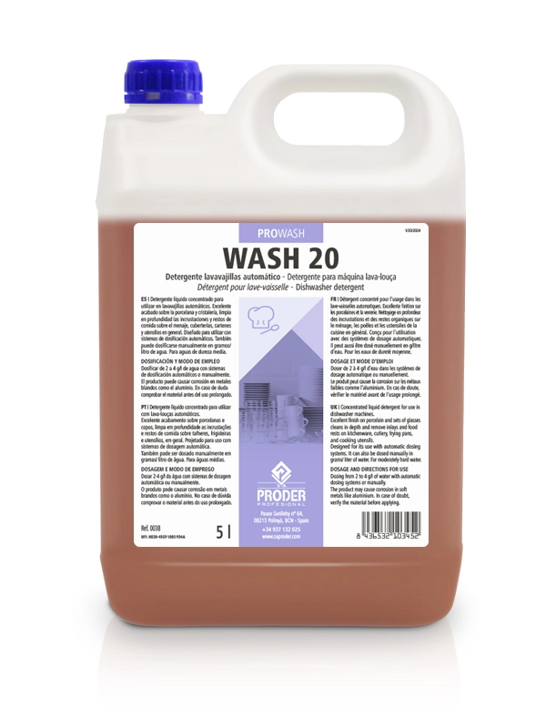 WASH 20 es un detergente lavavajillas automático concentrado de la gama PROWASH