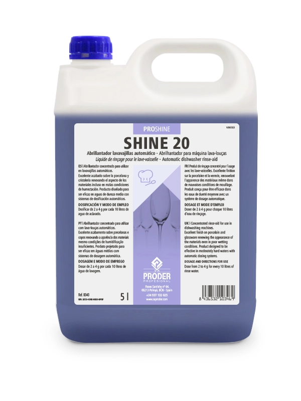 SHINE 20 es un Abrillantador lavavajillas automático concentrado de la gama PROSHINE