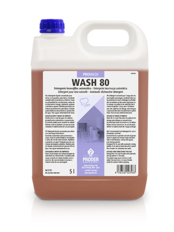 WASH 80 es un detergente lavavajillas automático cocnentrado de la gama PROWASH