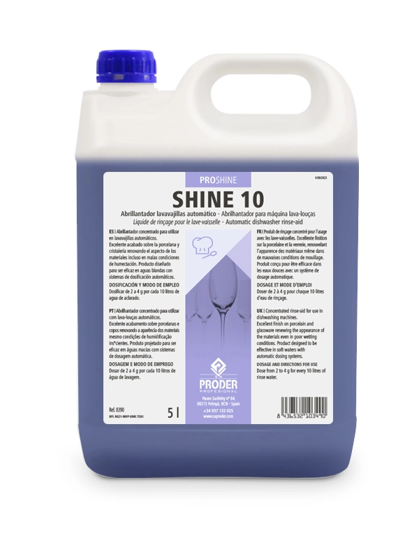 SHINE 10 es un Abrillantador lavavajillas automático concentrado de la gama PROSHINE