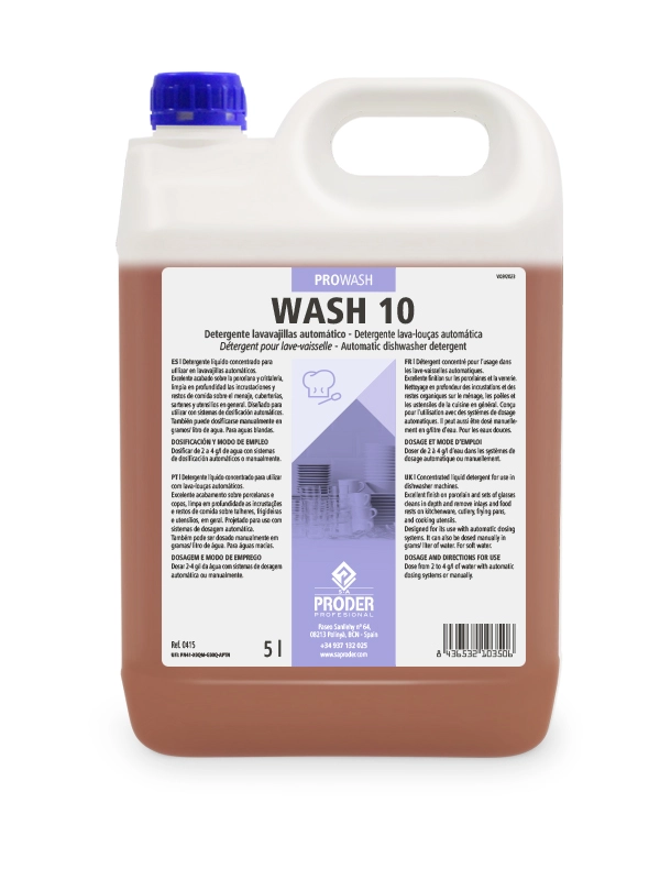 WASH 10 es un detergente lavavajillas automático concentrado de la gama PROWASH