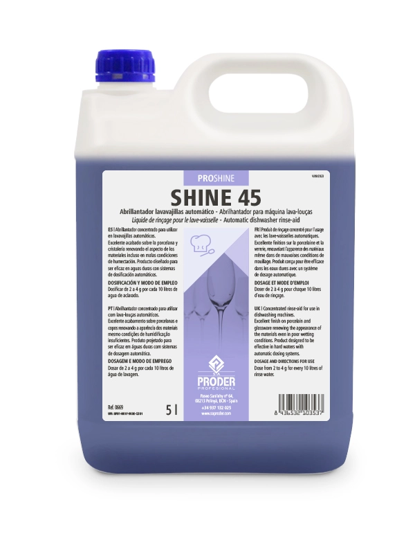 SHINE 45 es un Abrillantador lavavajillas automático concentrado de la gama PROSHINE