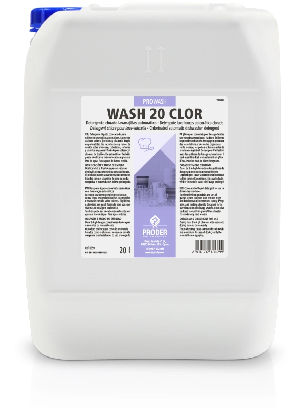 WASH 20 CLOR Ees un detergente lavavajillas automático clorado concentrado de la gama PROWASH