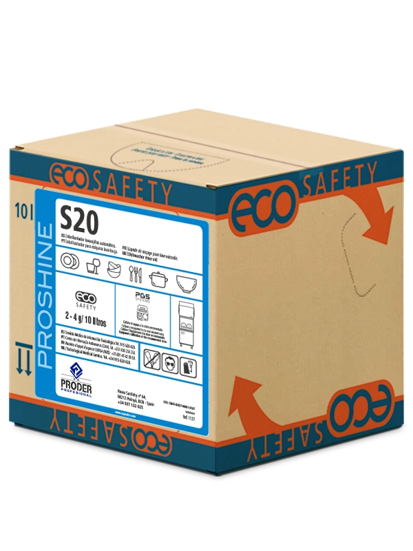 ECOSAFETY® S20 es un abrillantador lavavajillas automático ultraconcentrado bag-in-box de la gama PROSHINE