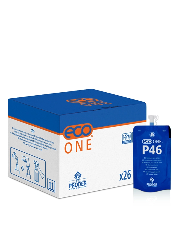 ECO ONE P46 es un desincrustante para baños ultraconcentrado en formato monodosis.